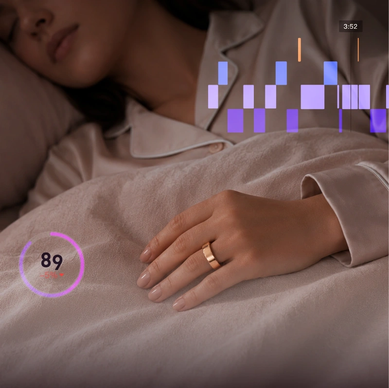 Woman sleeping while wearing Femometer Ring Air with a sleep score visualization